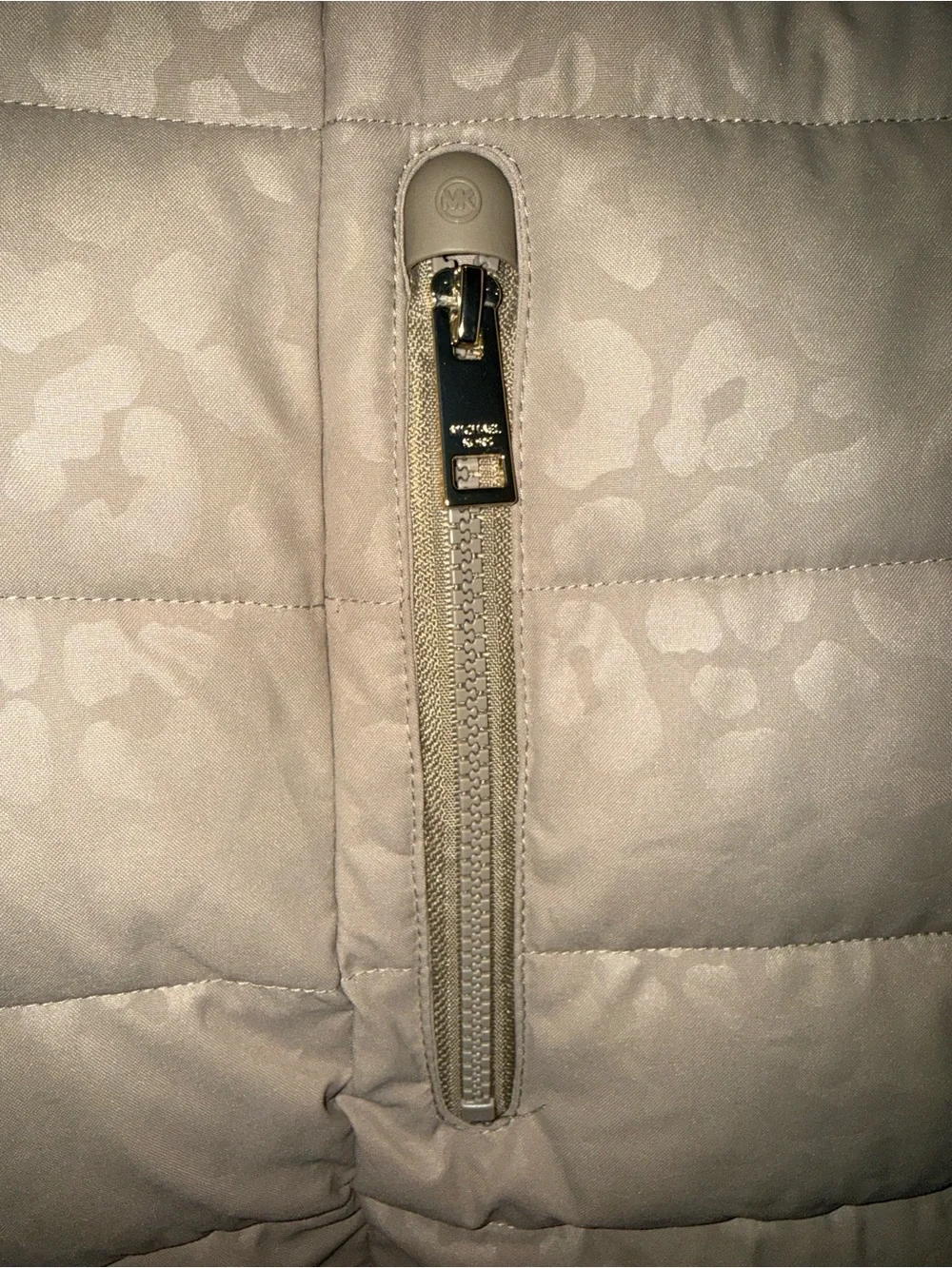Michael Kors Light Taupe Leopard-Print Puffer Coat with Faux Fur Trim